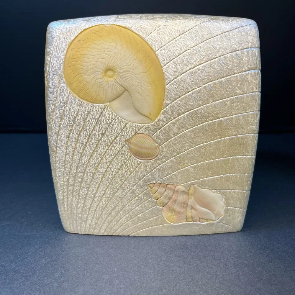 Beach Comber Tissue Box‎ Cover Inlaid Sea Shells Hand Painted Resin Metallic